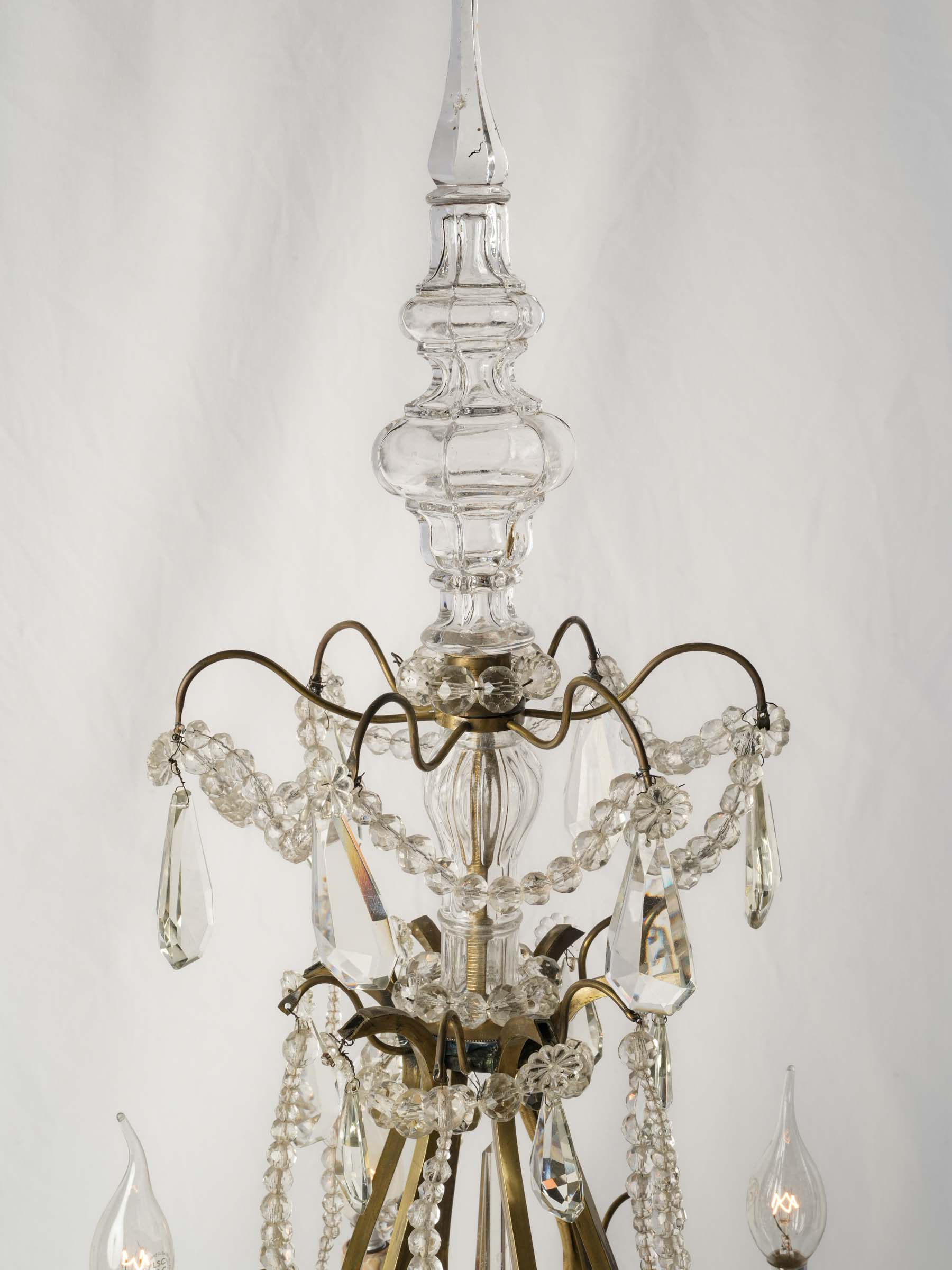 French Six-Light Glass Table Chandelier in Silvered Brass, Louis XV Style, Mid-20th Century - 34¼"