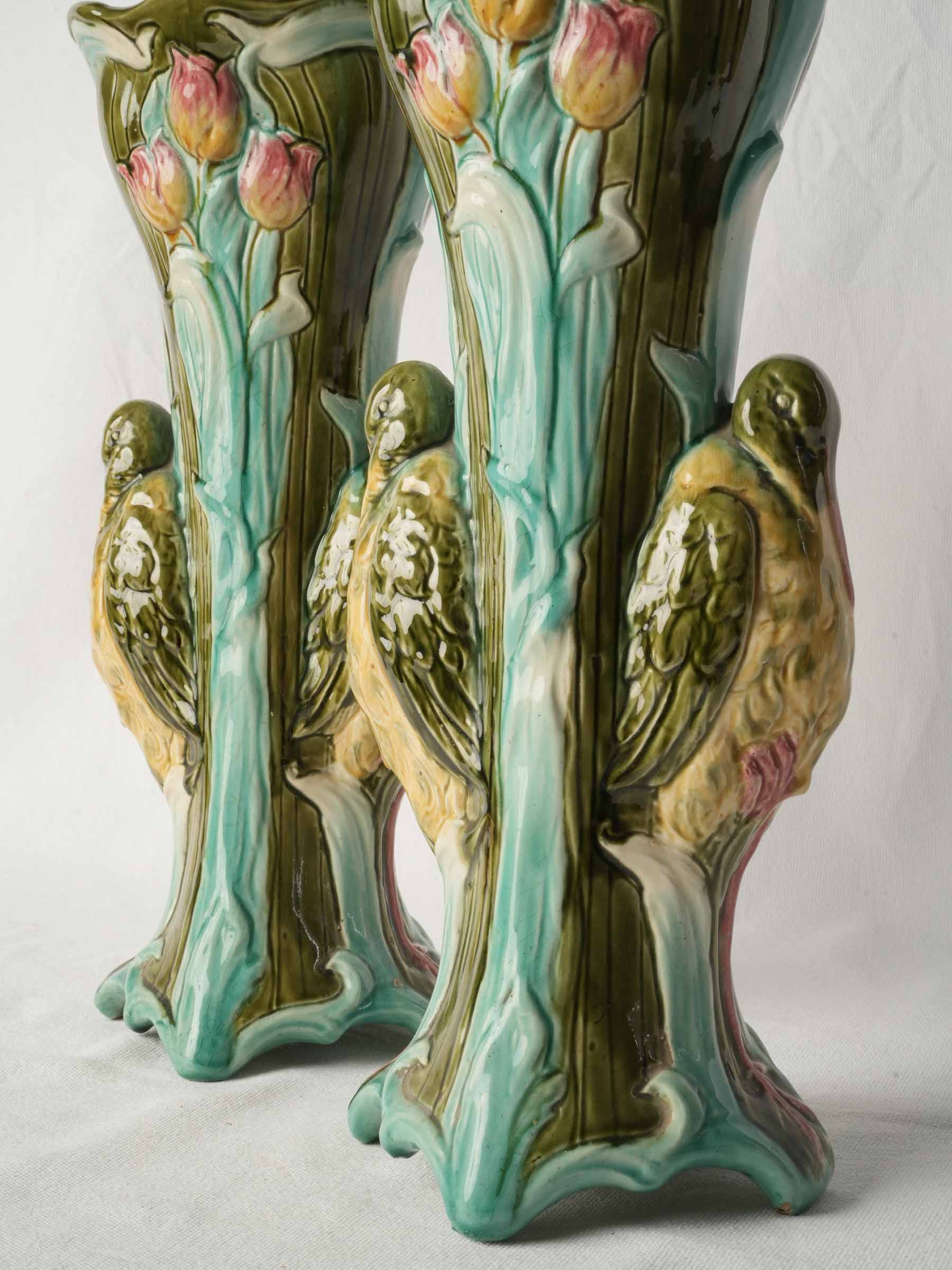 Superb Pair of Tall Art Nouveau Majolica Vases with Water Birds, Circa 1900 - 16½"
