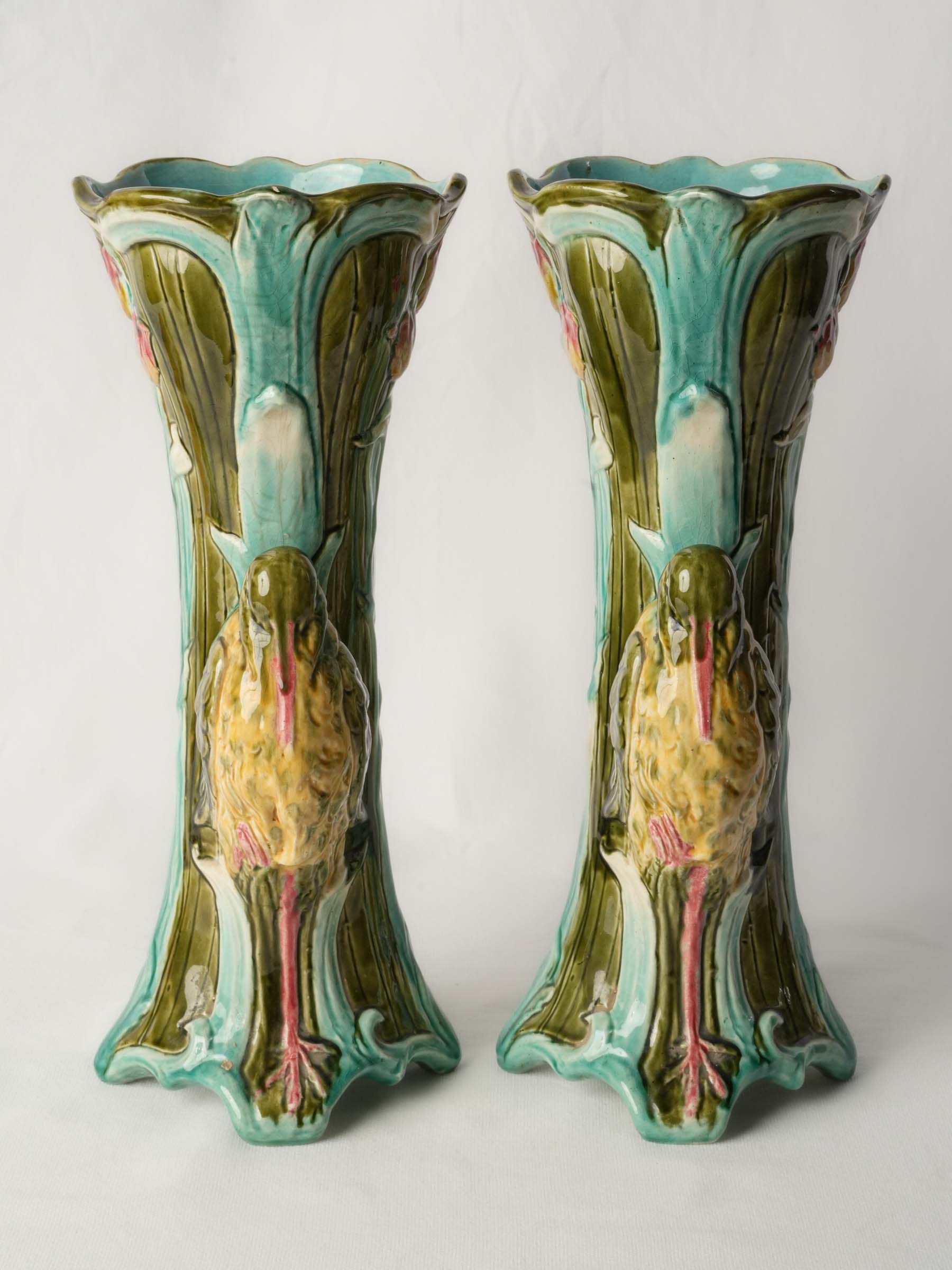 Superb Pair of Tall Art Nouveau Majolica Vases with Water Birds, Circa 1900 - 16½"