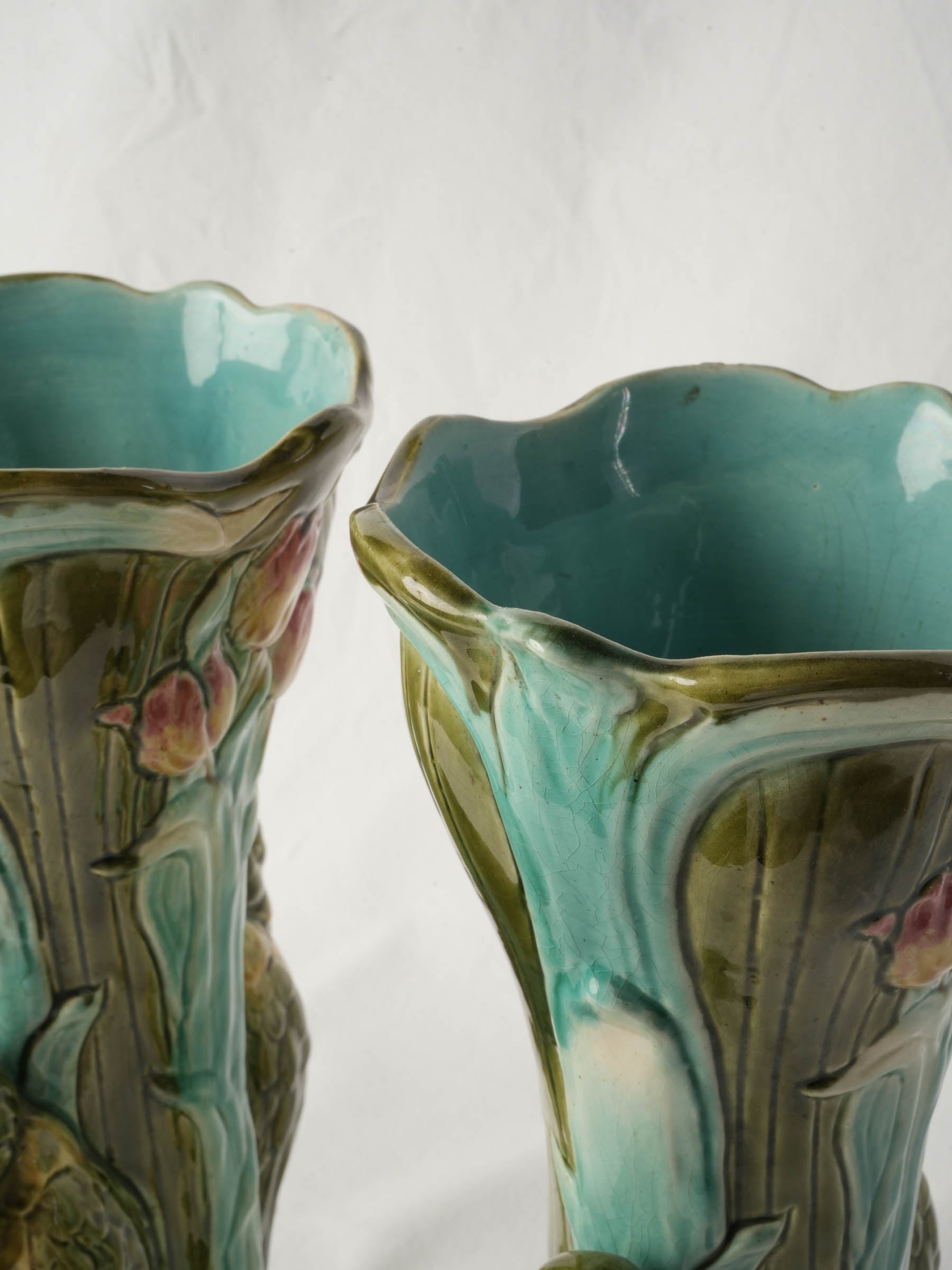 Superb Pair of Tall Art Nouveau Majolica Vases with Water Birds, Circa 1900 - 16½"
