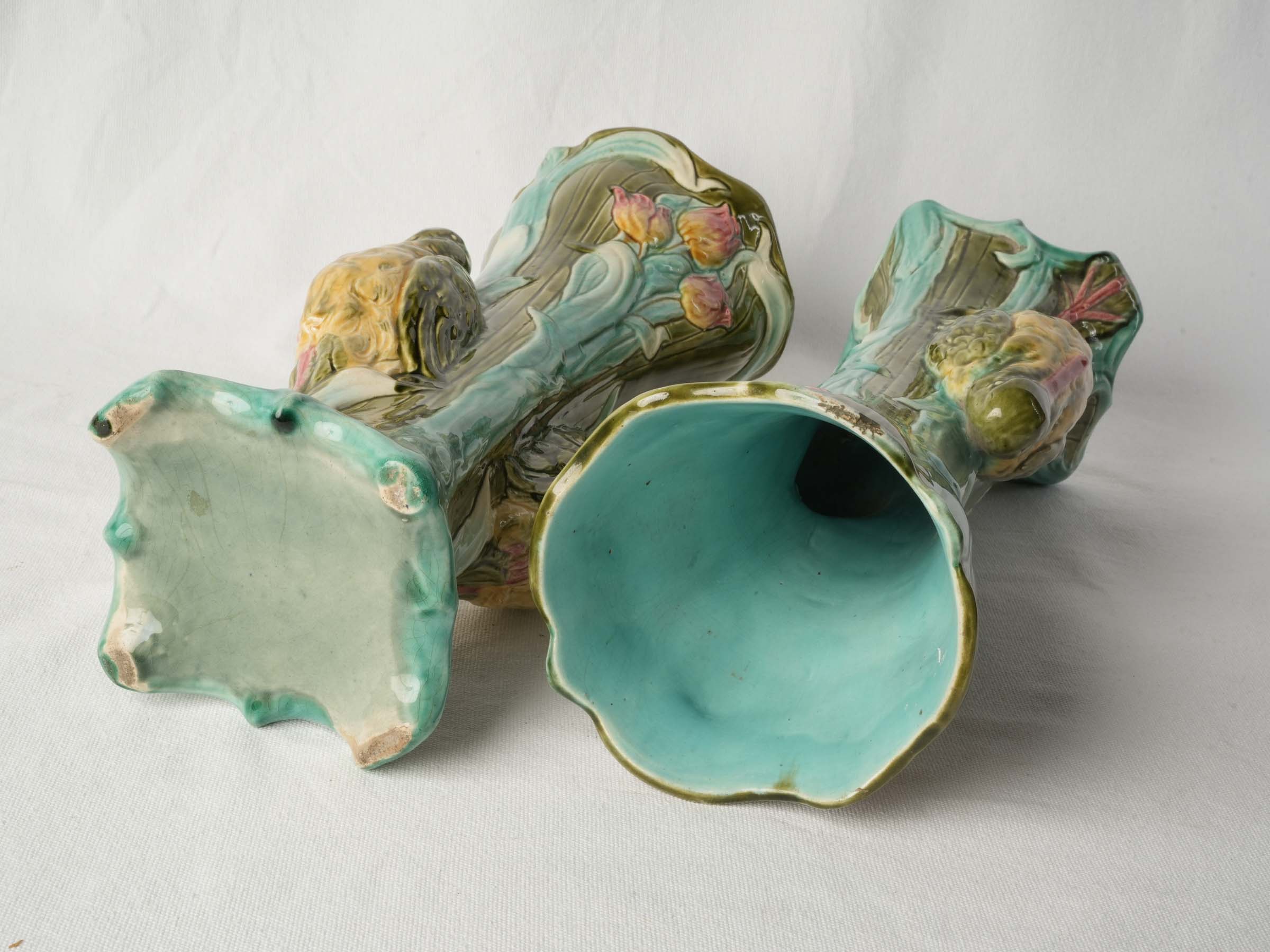 Superb Pair of Tall Art Nouveau Majolica Vases with Water Birds, Circa 1900 - 16½"