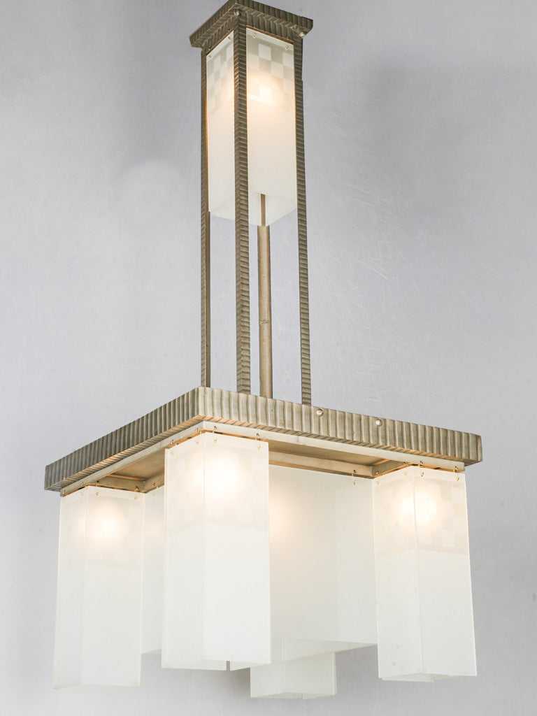 Large Art Deco Nickel-Plated Bronze \u0026 Frosted Glass Chandelier - 46¾\, image size:768x1024