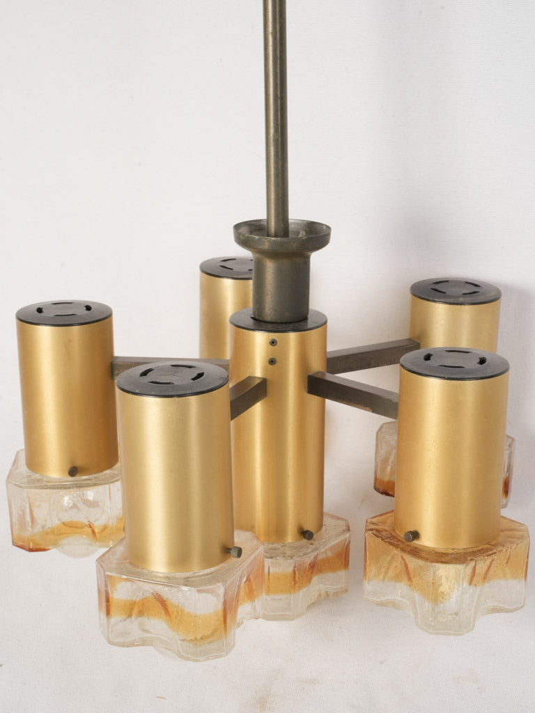 Mid-Century Italian Six-Light Chandelier in Brass and Amber Murano Glass - 30¾" x 19"