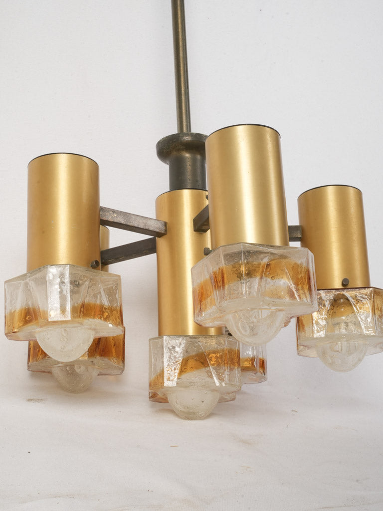 Mid-Century Italian Six-Light Chandelier in Brass and Amber Murano Glass - 30¾" x 19"