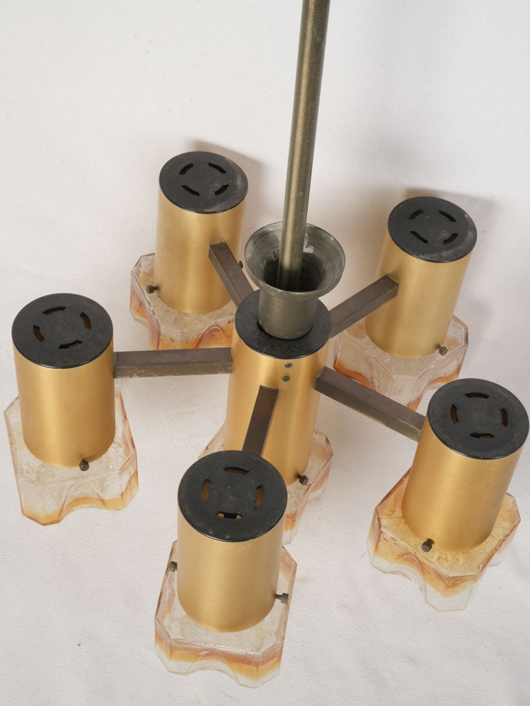 Mid-Century Italian Six-Light Chandelier in Brass and Amber Murano Glass - 30¾" x 19"