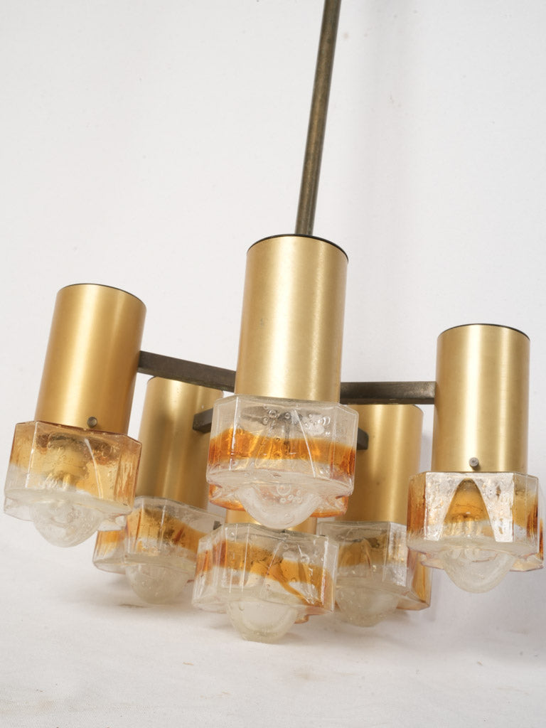 Mid-Century Italian Six-Light Chandelier in Brass and Amber Murano Glass - 30¾" x 19"