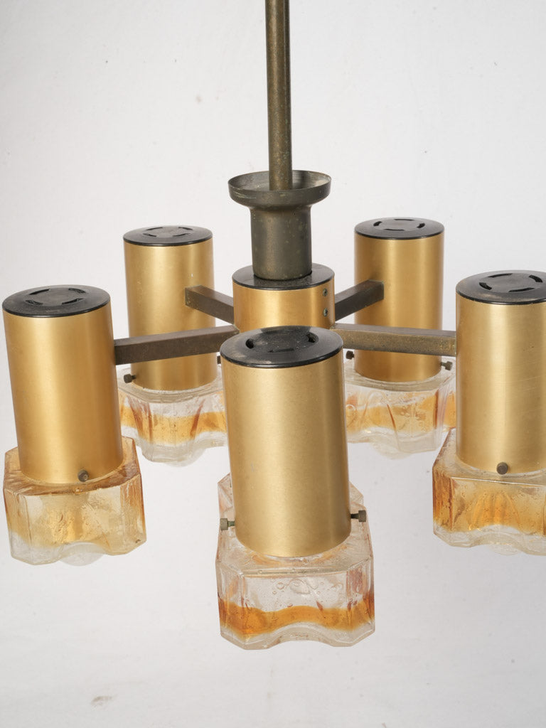 Mid-Century Italian Six-Light Chandelier in Brass and Amber Murano Glass - 30¾" x 19"
