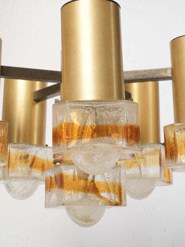 Mid-Century Italian Six-Light Chandelier in Brass and Amber Murano Glass - 30¾" x 19"