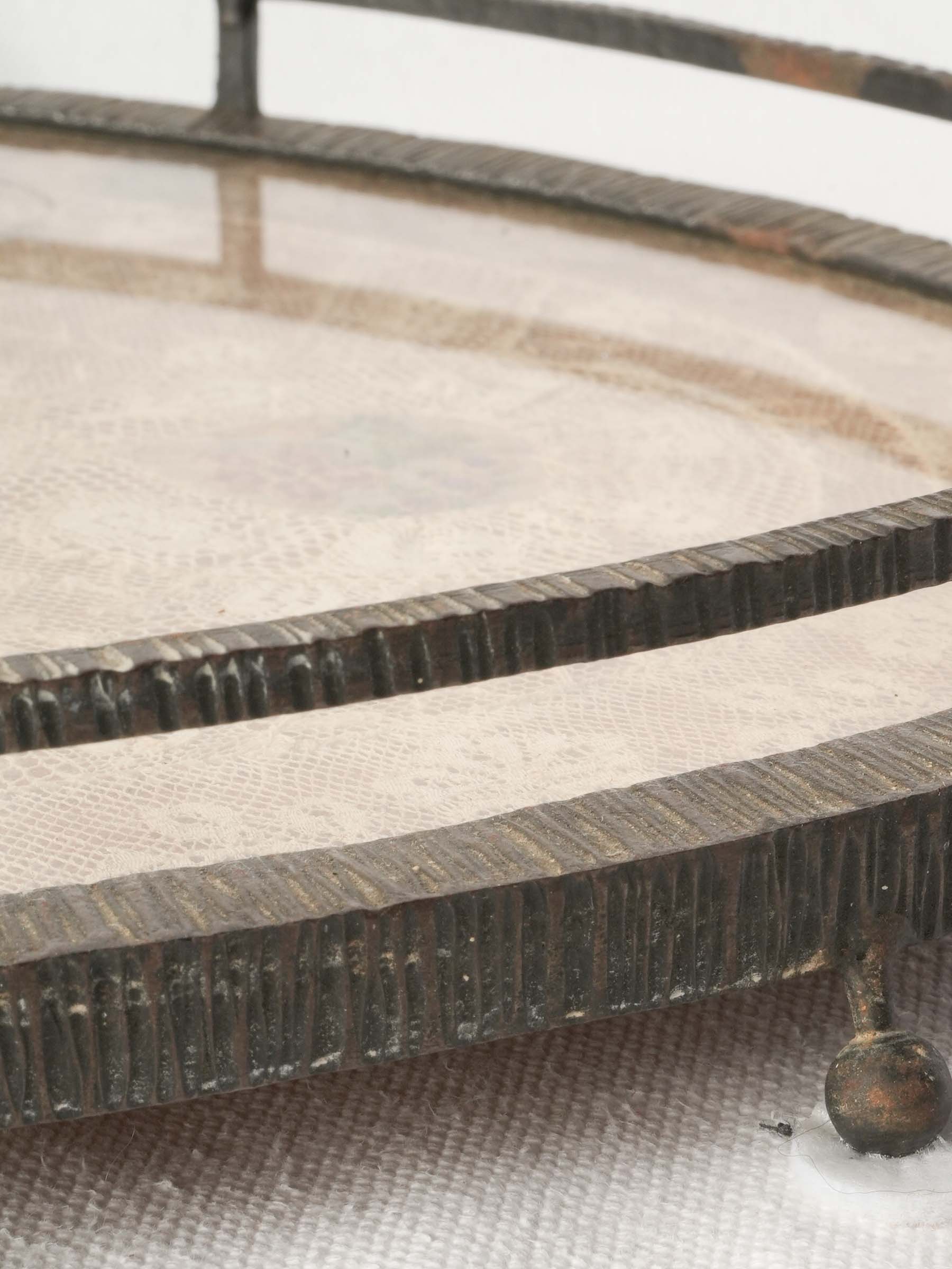 French 1940s Wrought Iron Tray w/ Antique Lace Under Glass