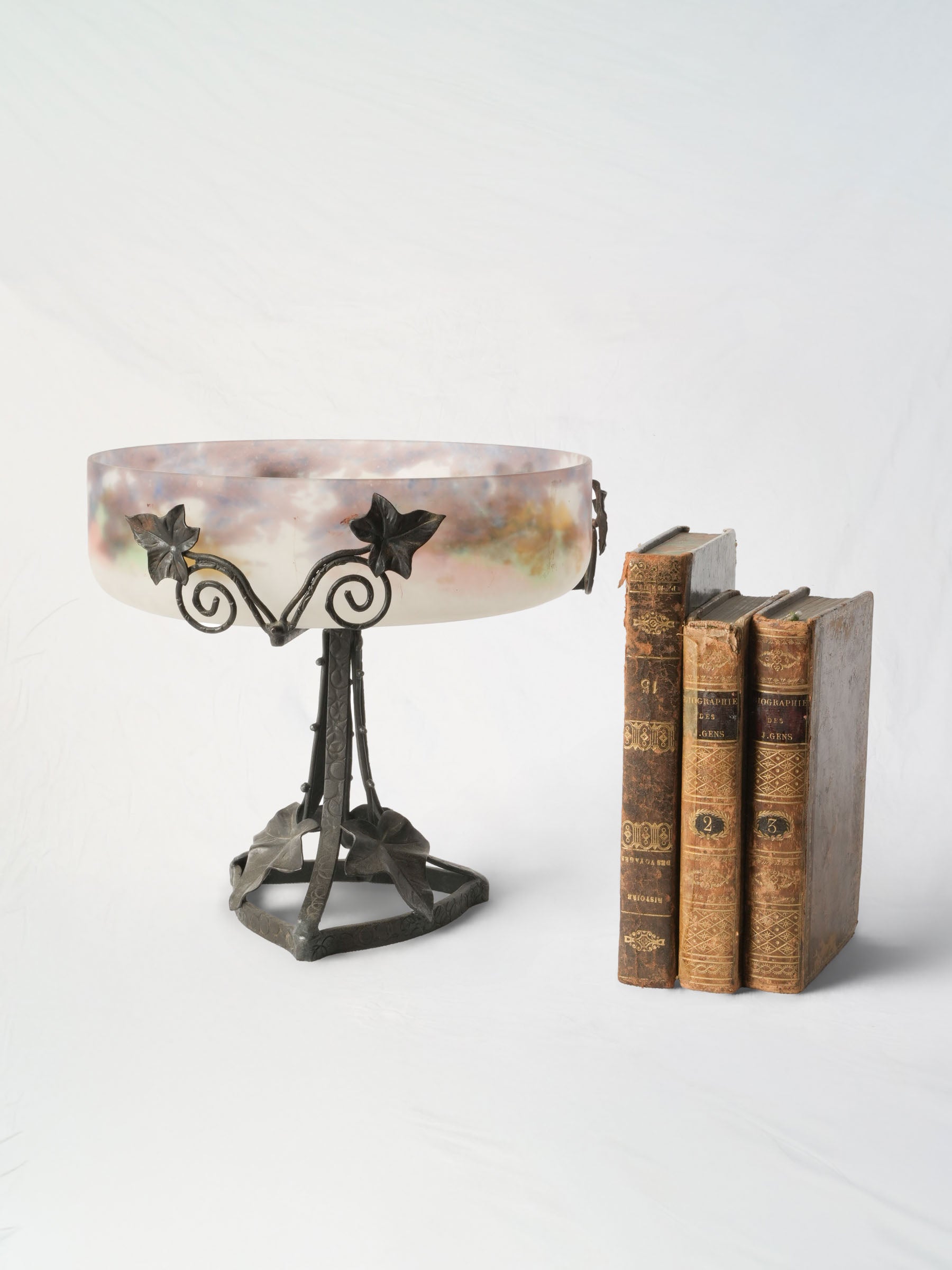 French Frosted Art Glass Coupe on Wrought Iron Stand, Circa 1920 - 9½"