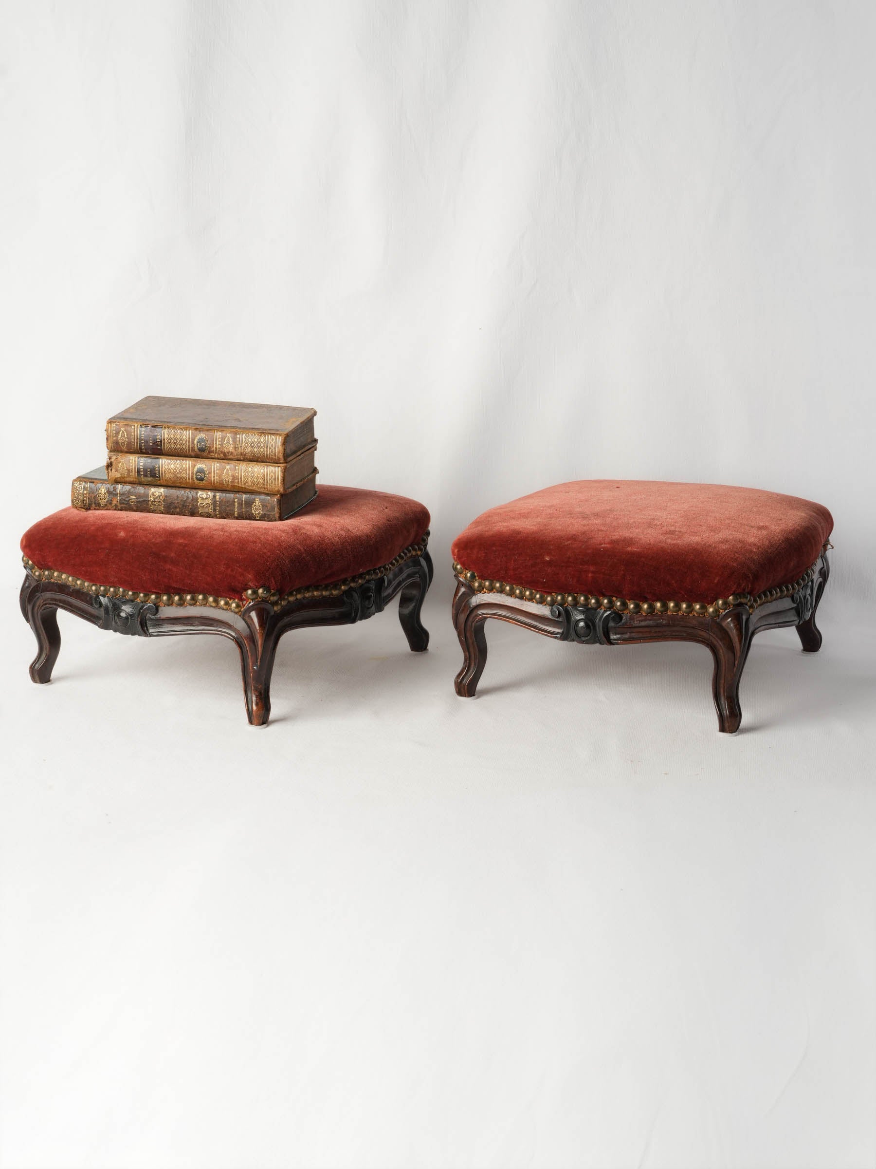 Pair of French Louis XV Style Footstools in Faded Red Velvet, Late 19th Century