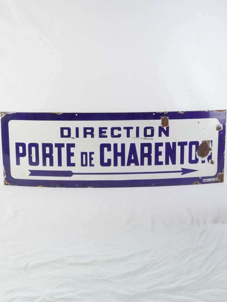 1930s Paris Métro Enameled Steel Direction Sign "Porte De Charenton" - 15¾" x 47¼"