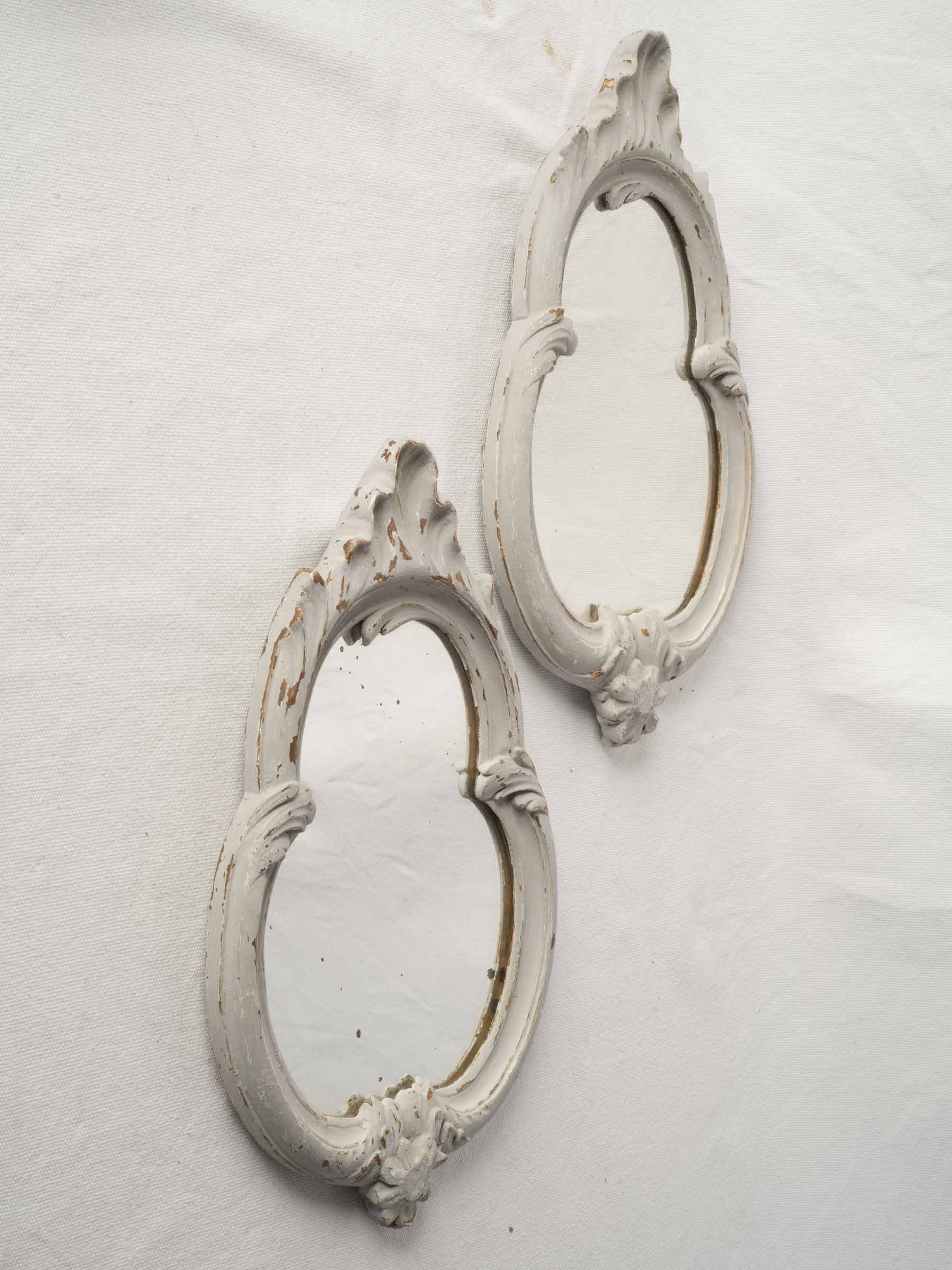 Pair of Petite French Rococo-Style Mirrors w/ Soft Patinated Finish, Late 19th Century - 15" x 9"