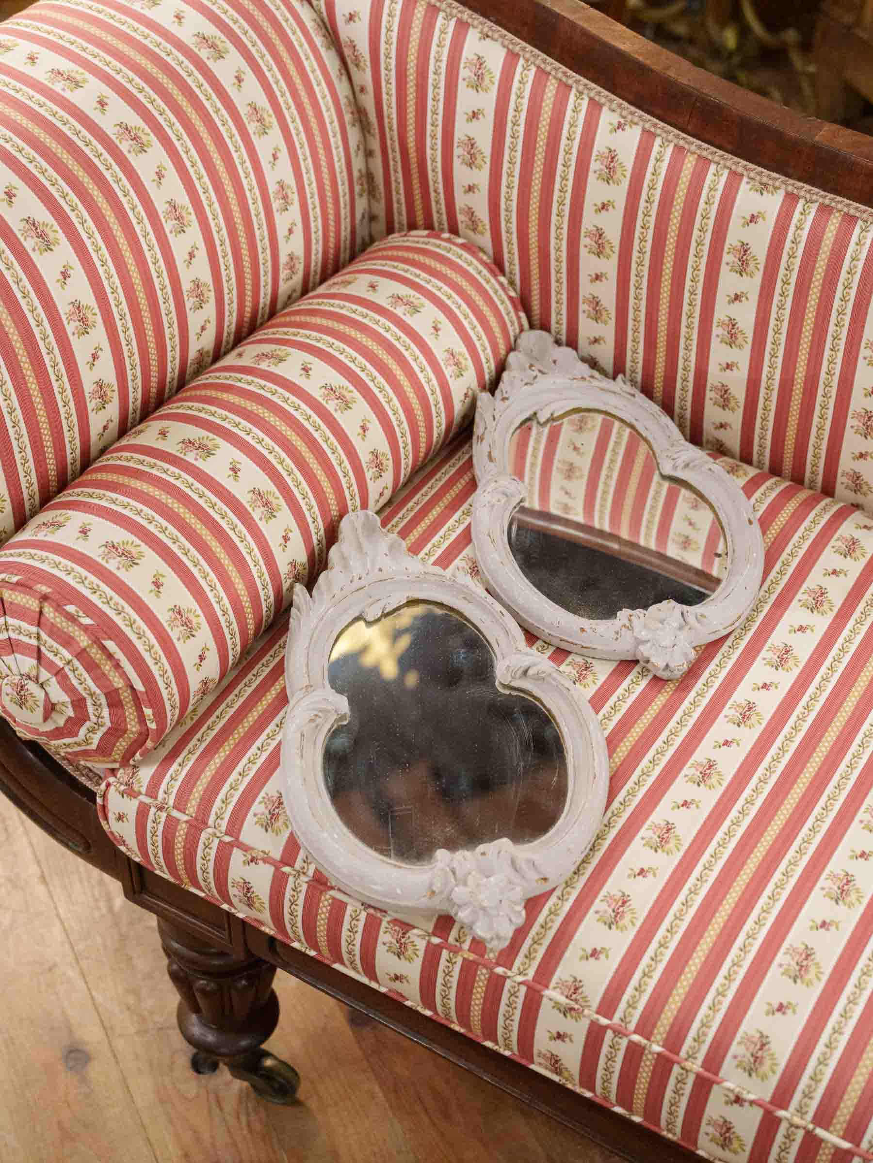 Pair of Petite French Rococo-Style Mirrors w/ Soft Patinated Finish, Late 19th Century - 15" x 9"
