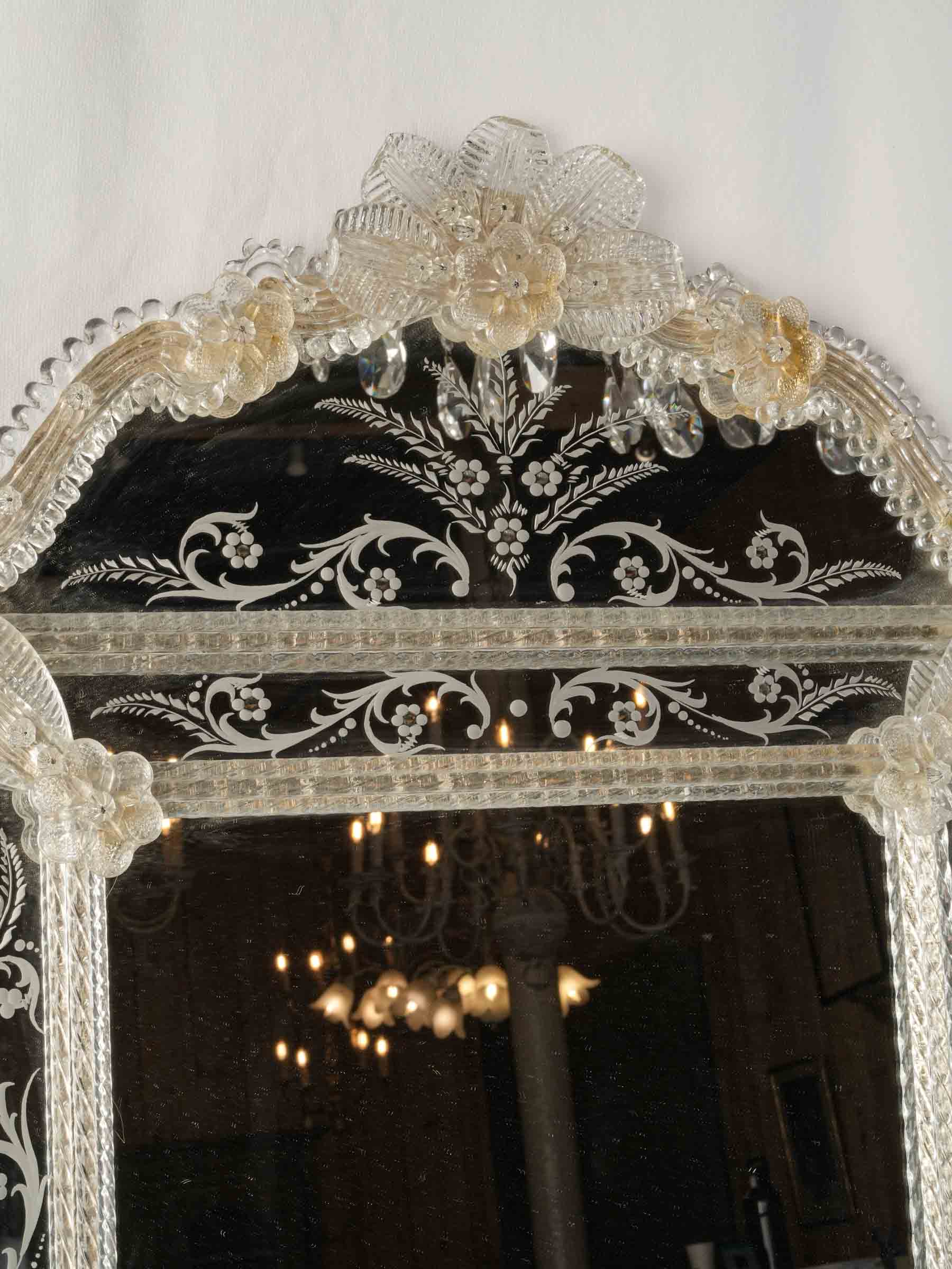 Refined Venetian Engraved Glass Mirror w/ Shaped Crest, 1950s - 32¼" x 20½"
