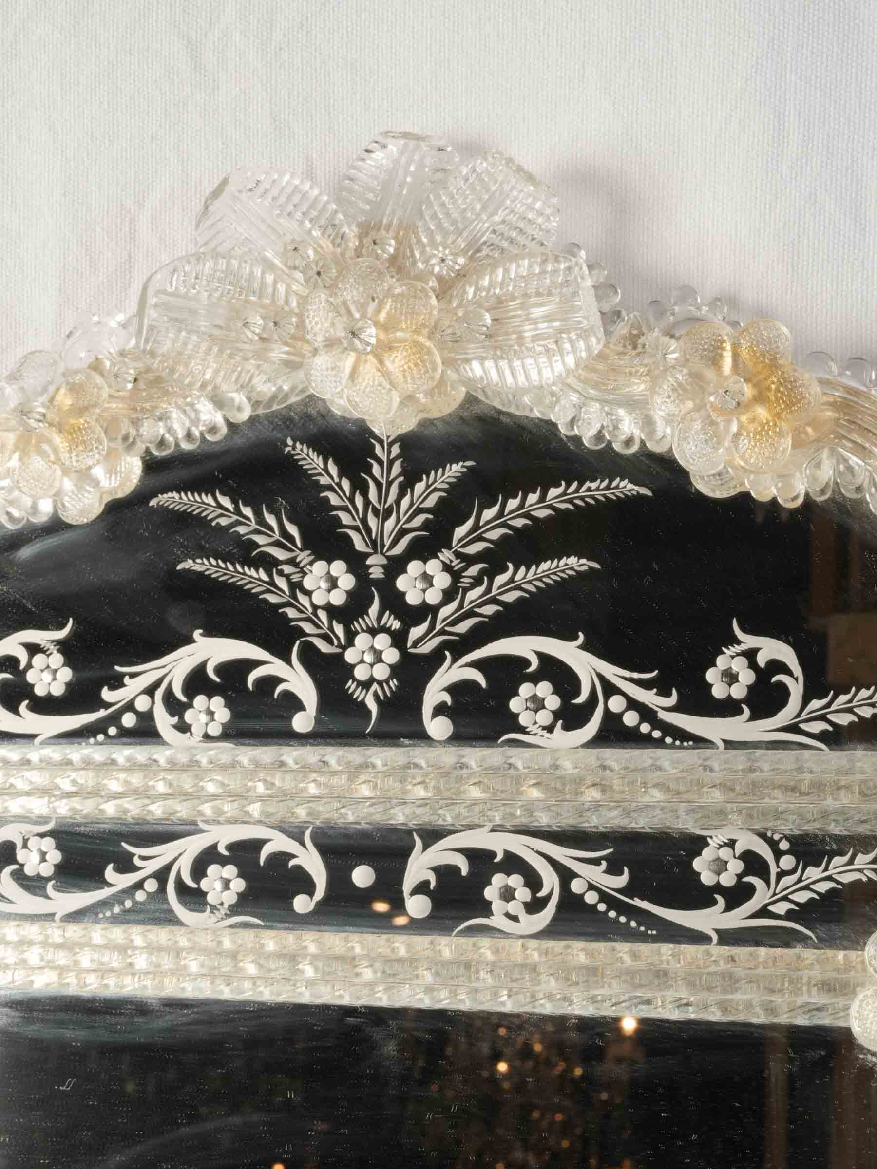 Refined Venetian Engraved Glass Mirror w/ Shaped Crest, 1950s - 32¼" x 20½"