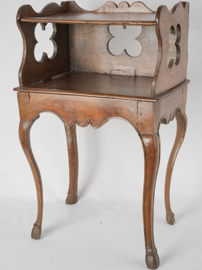 Antique French night stand w/ gallery top & carved cutouts 33"