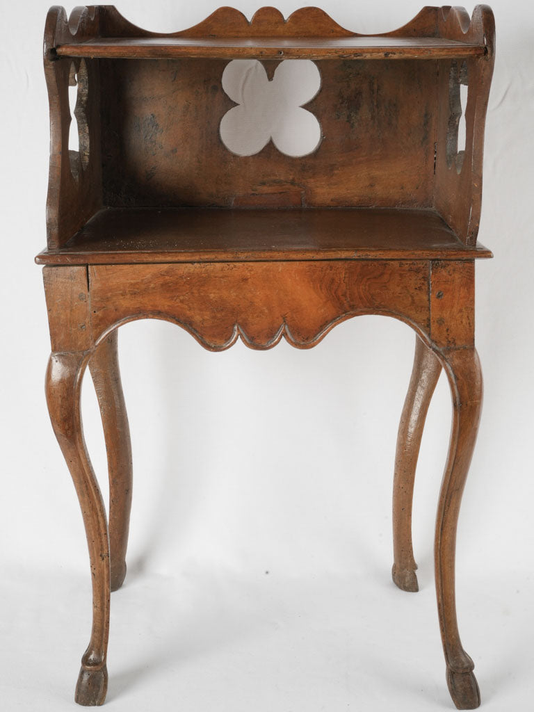 Antique French night stand w/ gallery top & carved cutouts 33"