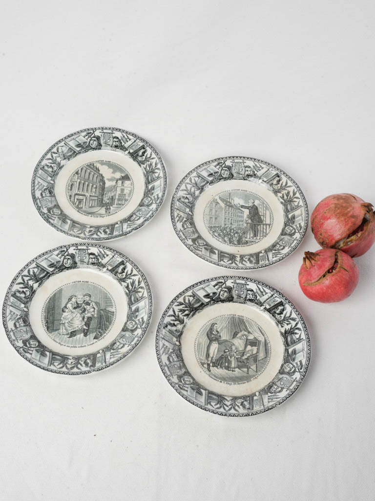 Set of Four Late 19th-Century “Assiettes Parlantes” Dessert Plates w/ Scenes from the Life of Victor Hugo - 8"