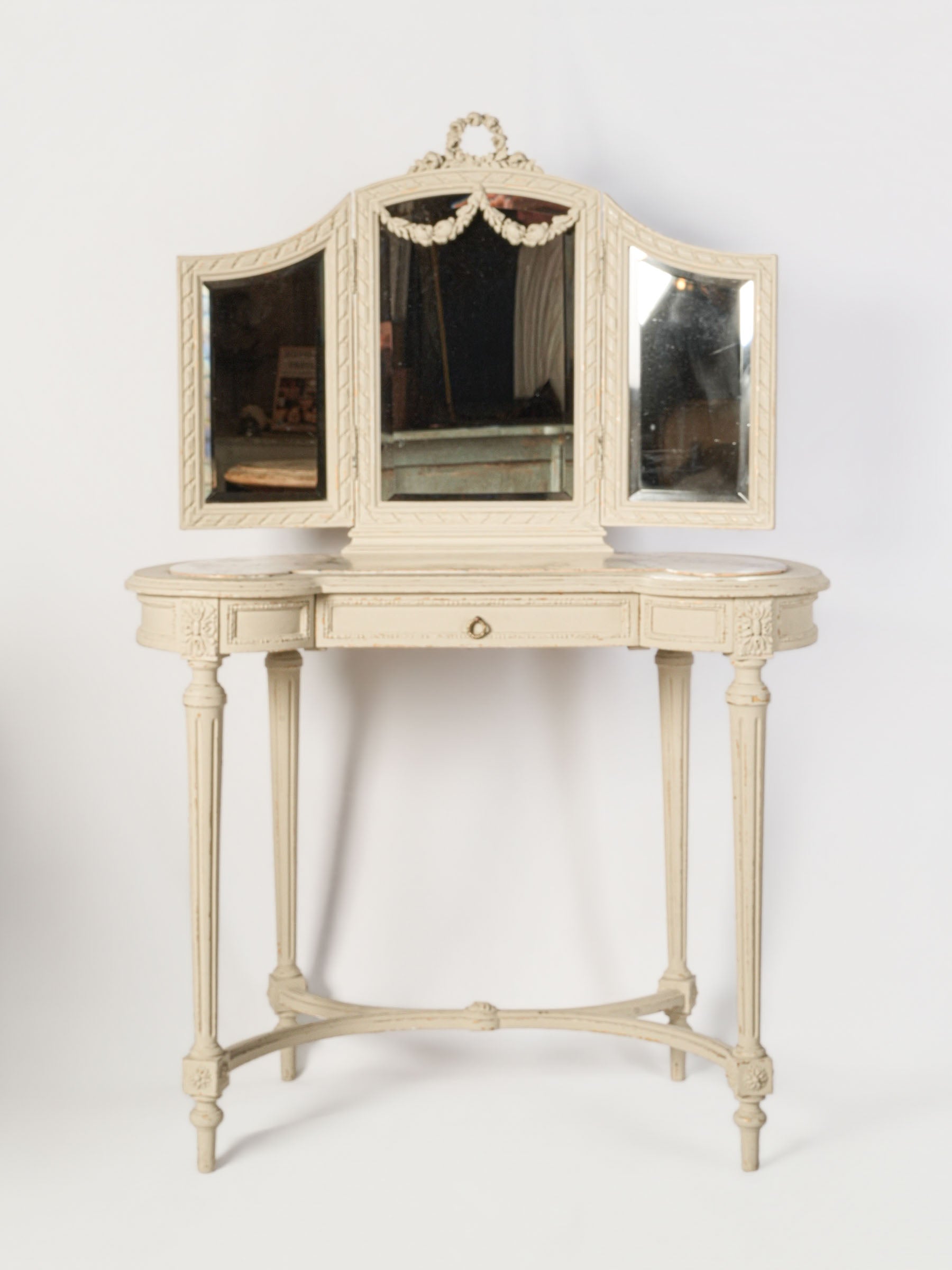 French Louis XVI Style Vanity w/ Marble Top and Folding Mirror, Early 20th Century - 55"x 36½"