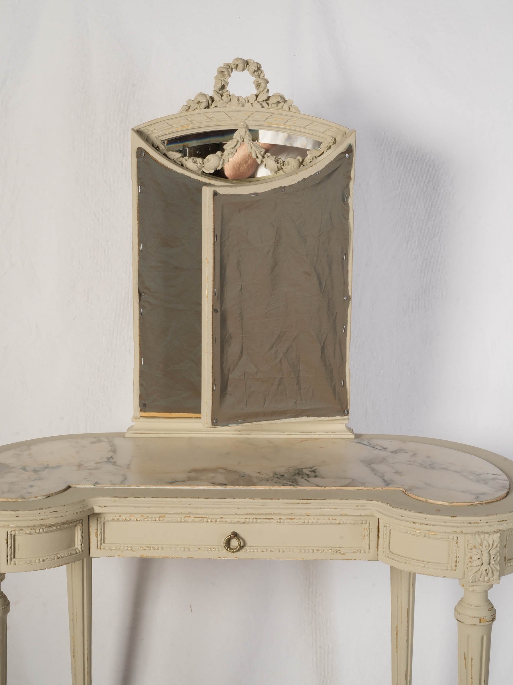 French Louis XVI Style Vanity w/ Marble Top and Folding Mirror, Early 20th Century - 55"x 36½"