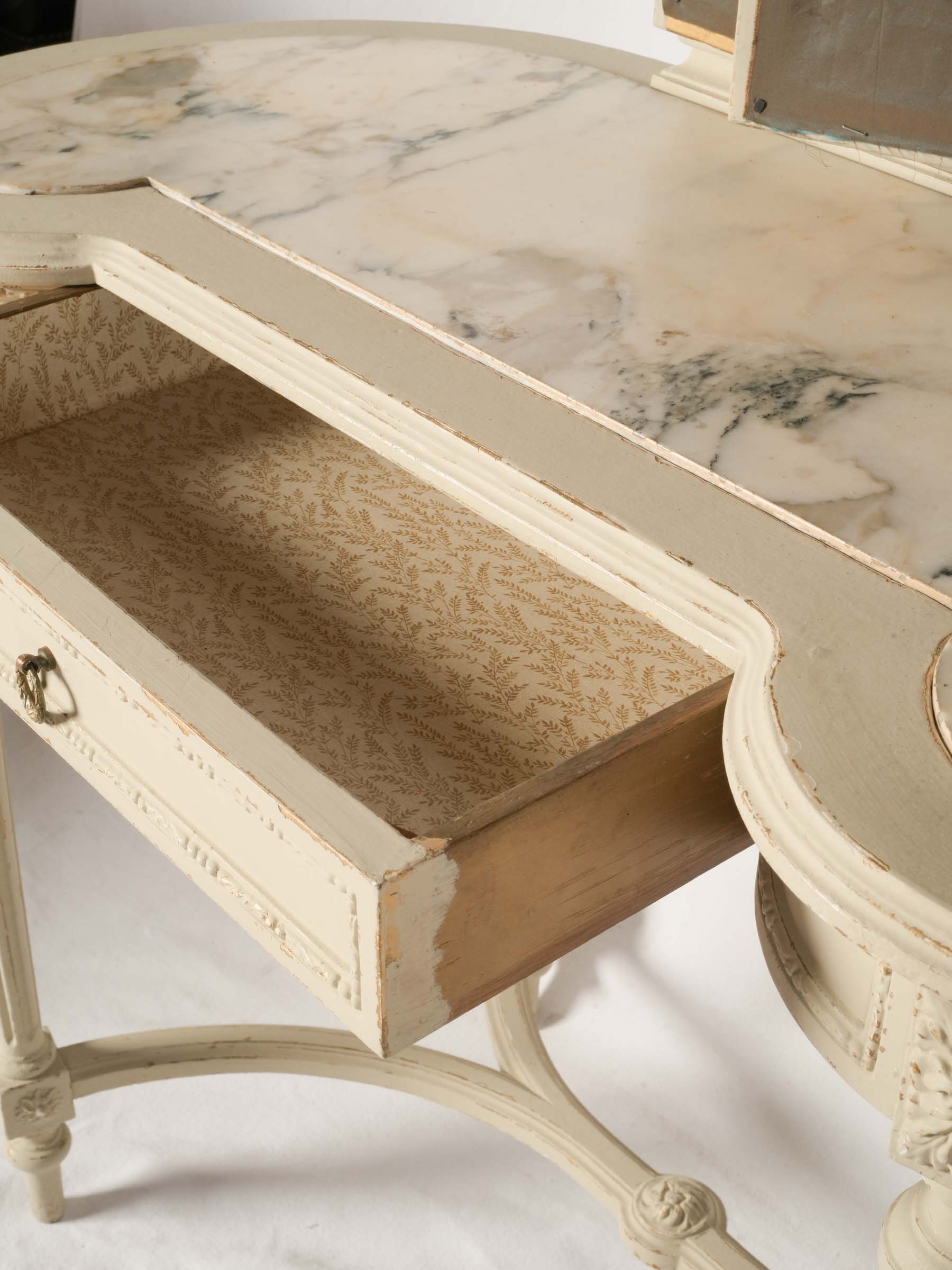 French Louis XVI Style Vanity w/ Marble Top and Folding Mirror, Early 20th Century - 55"x 36½"