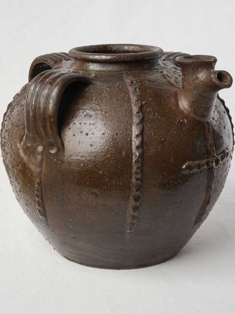19th Century Walnut Oil Jar w/ Applied Cross Motif - 11½"