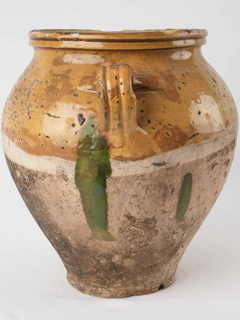 Fatigued antique French confit pot w/ yellow & green glaze 13"