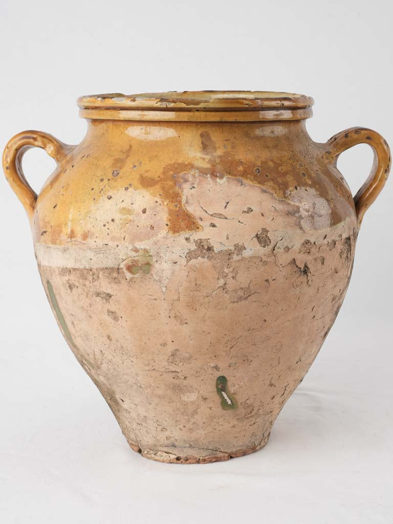 Fatigued antique French confit pot w/ yellow & green glaze 13"