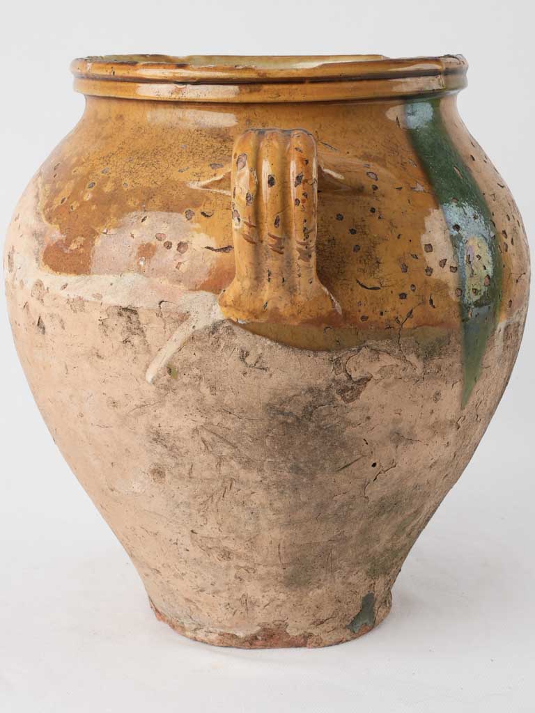Fatigued antique French confit pot w/ yellow & green glaze 13"