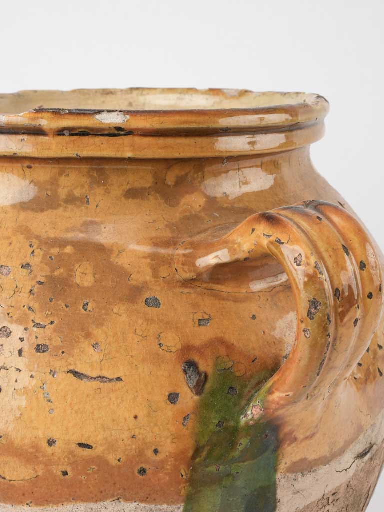 Fatigued antique French confit pot w/ yellow & green glaze 13"