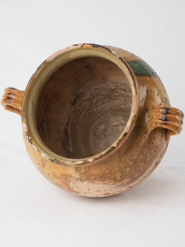 Fatigued antique French confit pot w/ yellow & green glaze 13"