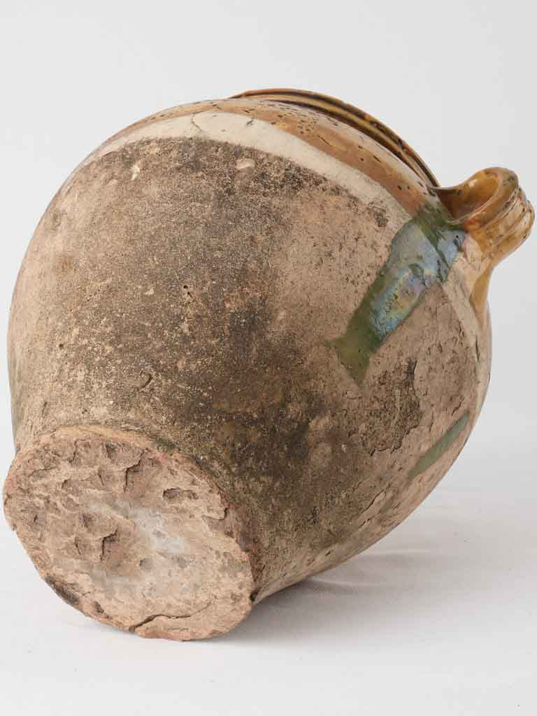 Fatigued antique French confit pot w/ yellow & green glaze 13"