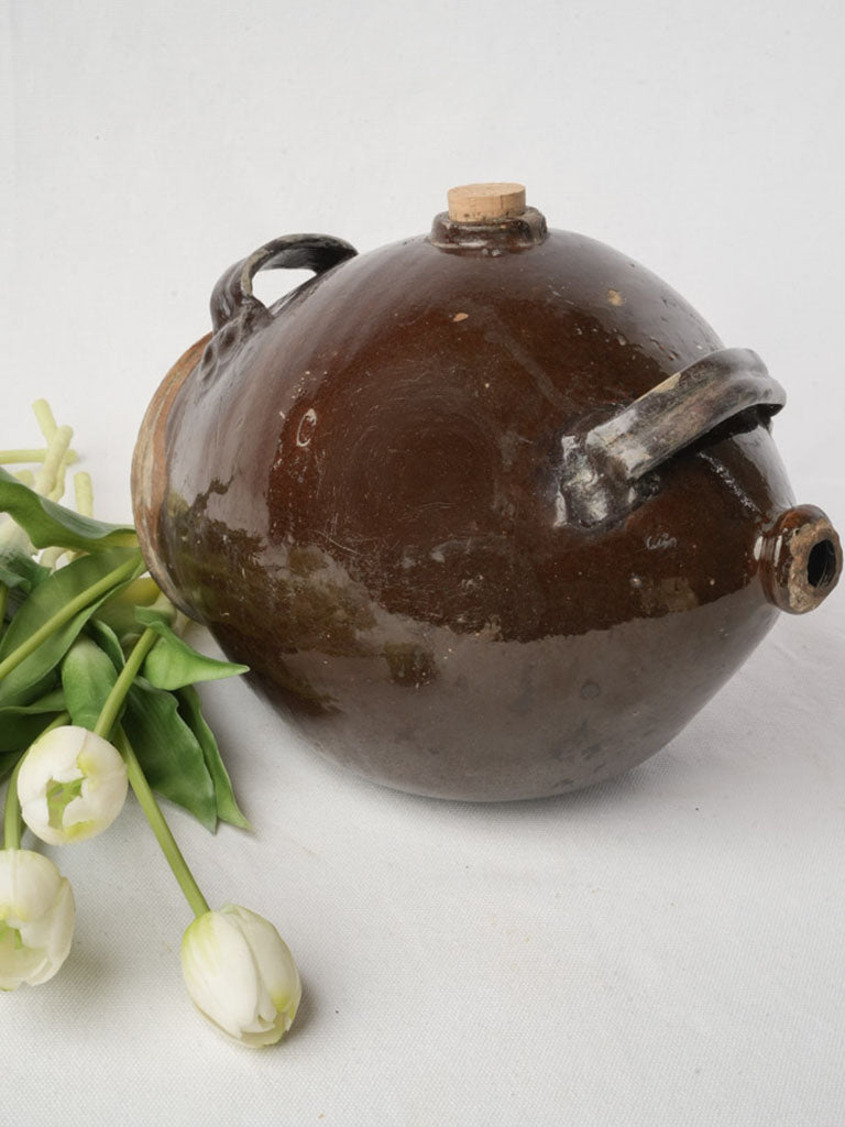 19th Century Handcrafted Terracotta Vinegar Vessel w/ Deep Chestnut Glaze - 8"