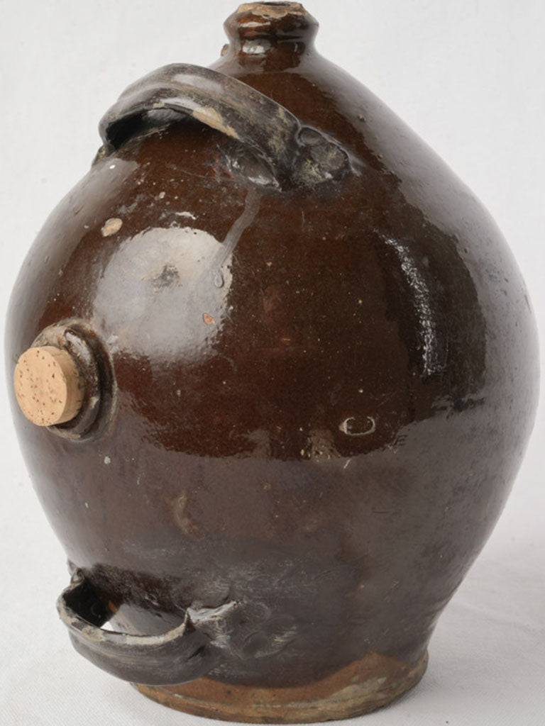 19th Century Handcrafted Terracotta Vinegar Vessel w/ Deep Chestnut Glaze - 8"