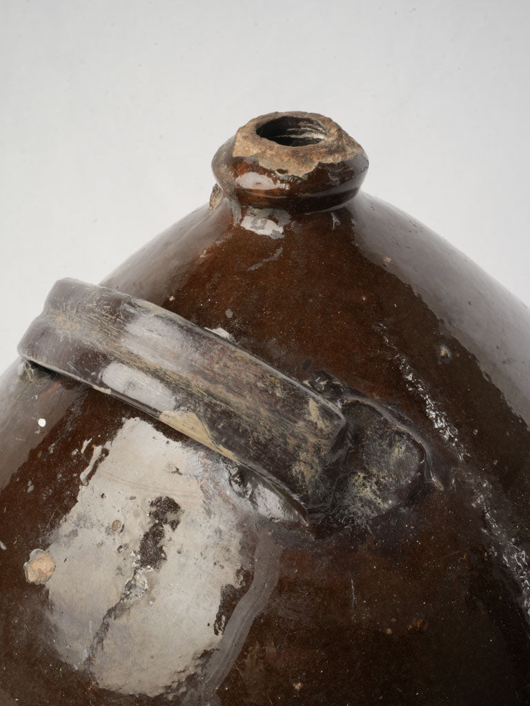 19th Century Handcrafted Terracotta Vinegar Vessel w/ Deep Chestnut Glaze - 8"