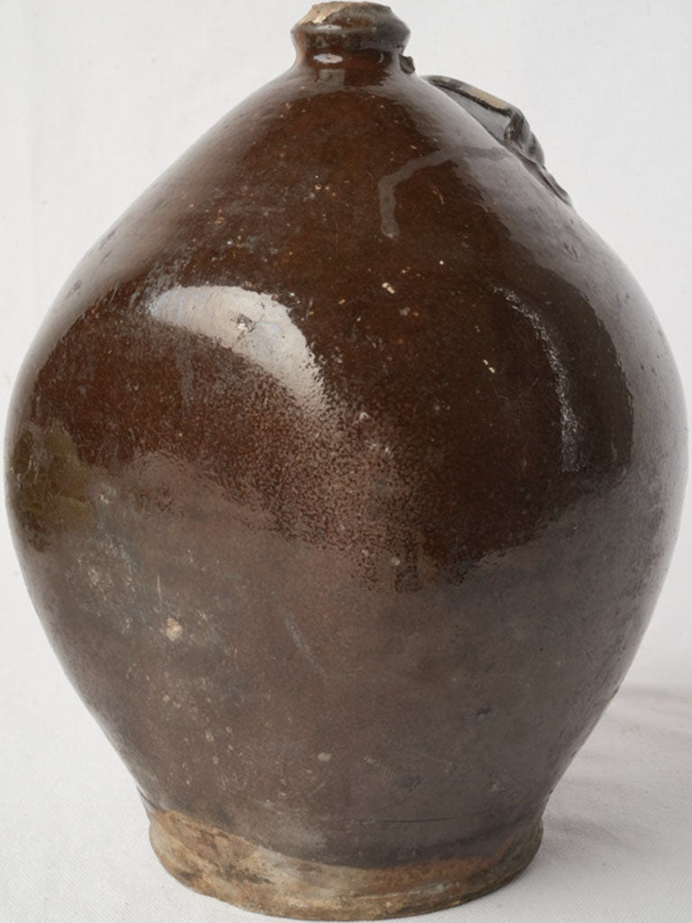 19th Century Handcrafted Terracotta Vinegar Vessel w/ Deep Chestnut Glaze - 8"