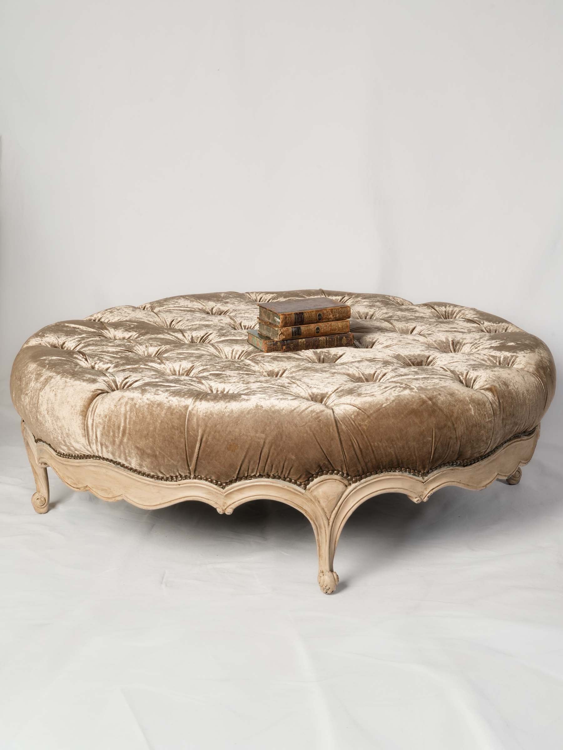 Oversized French Louis XV Style Round Ottoman w/ Tufted Taupe Velvet, Early-Mid 20th Century - 46½"