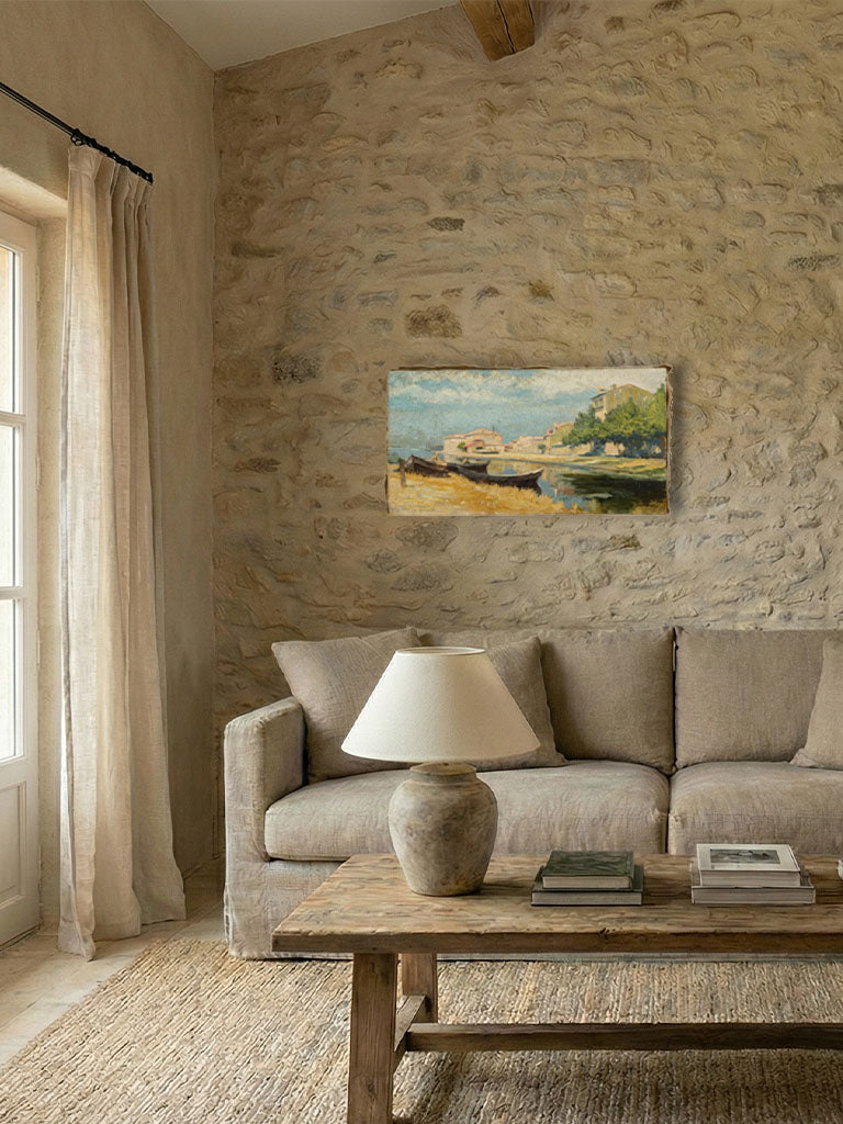 Early 20th-Century Oil on Canvas of Boats Along a Sunlit Canal - 15" x 28¾"