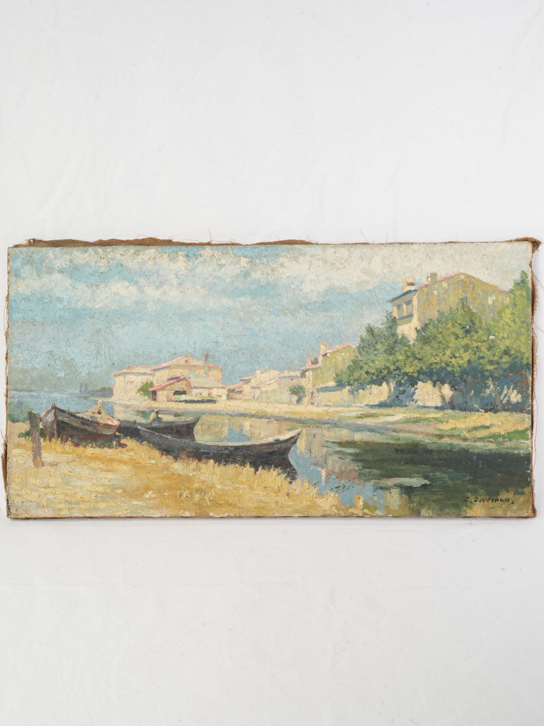 Early 20th-Century Oil on Canvas of Boats Along a Sunlit Canal - 15" x 28¾"