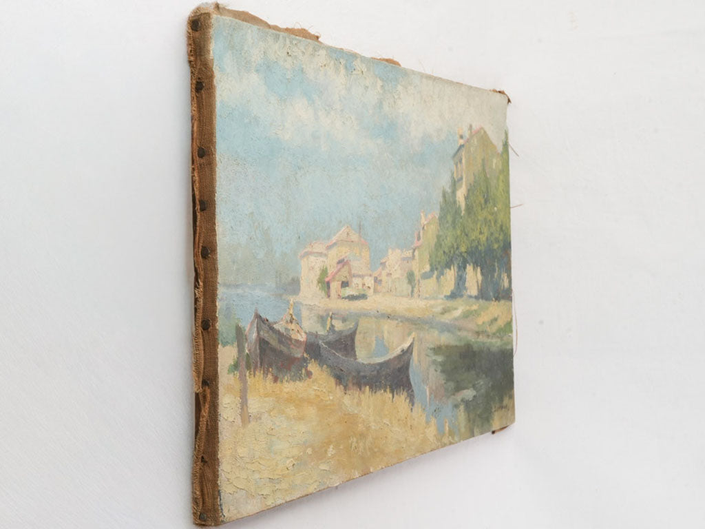 Early 20th-Century Oil on Canvas of Boats Along a Sunlit Canal - 15" x 28¾"