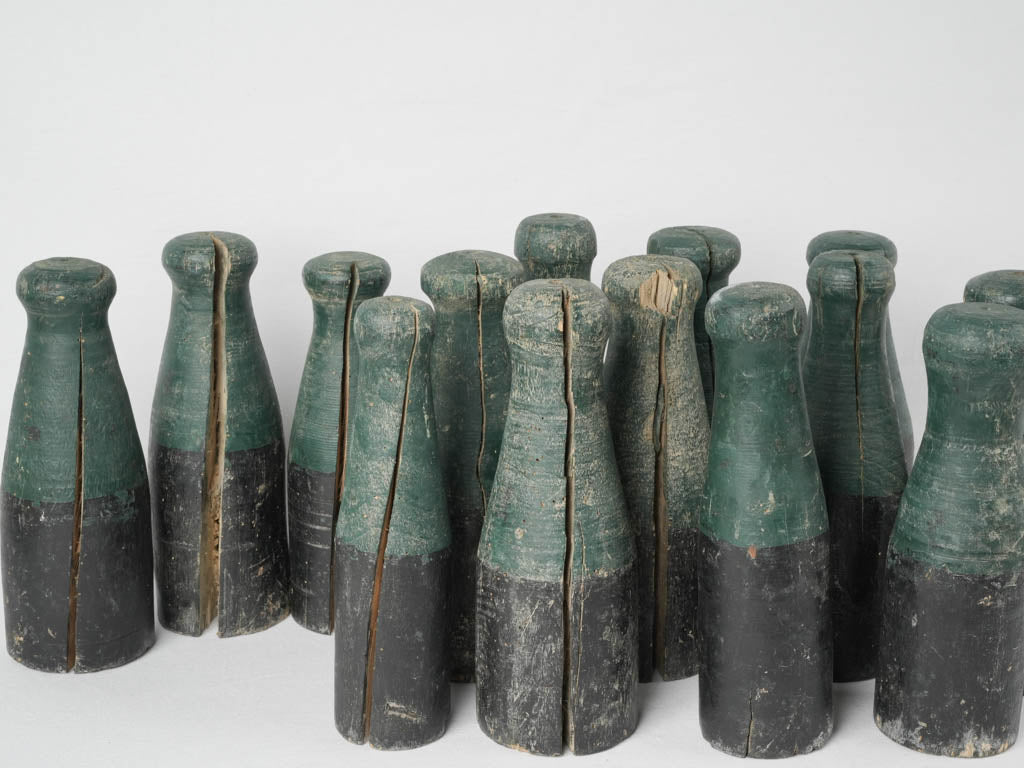 Authentic, early 20th-century wooden bowling pins