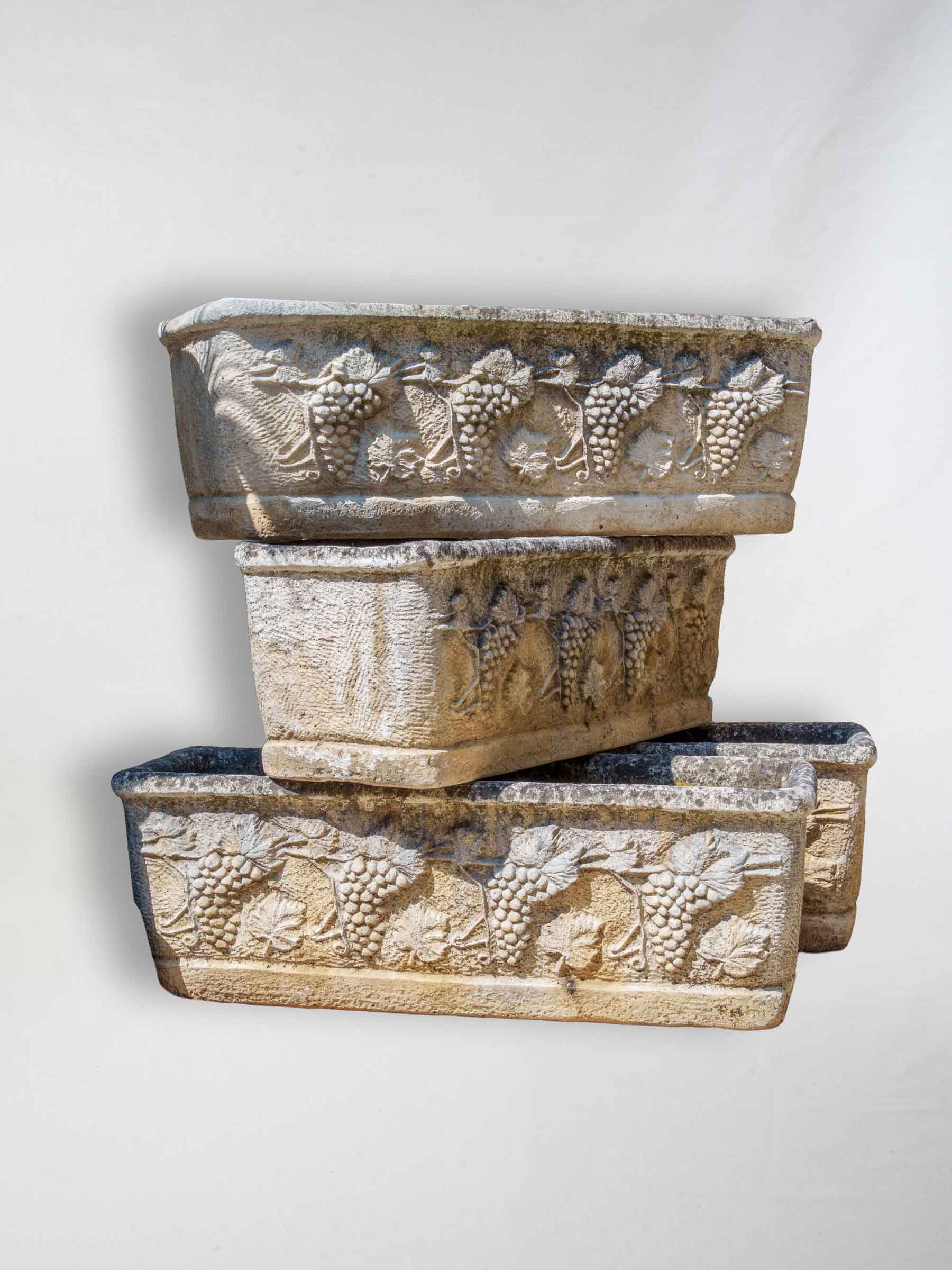 Set of Four Substantial French Reconstituted Stone Garden Planters w/ Vine Motif, c.1950s -37"