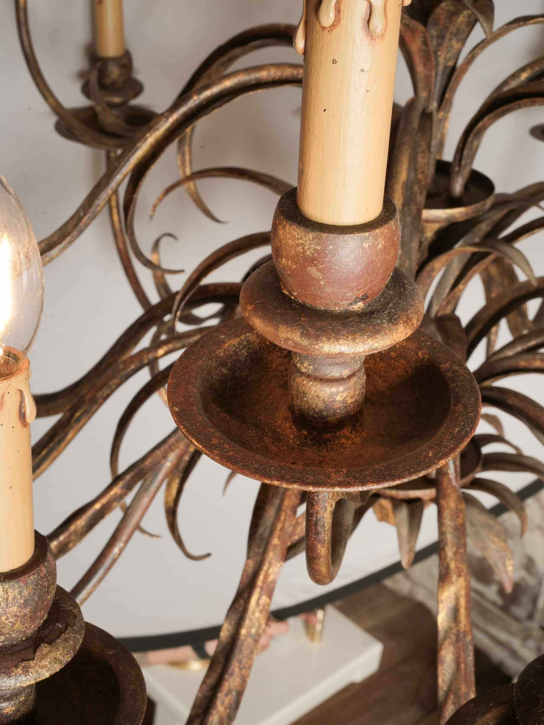 Impressive Hollywood Regency 18-Light Gilt Metal Palm Frond Chandelier, circa 1970 - 38¼" x 42¼"