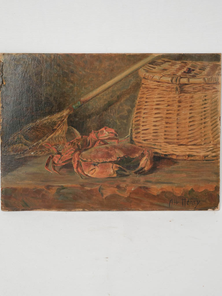 antique fishing wicker net Antique still life painting w/crabs, wicker fishing basket & net 13 x 18½"