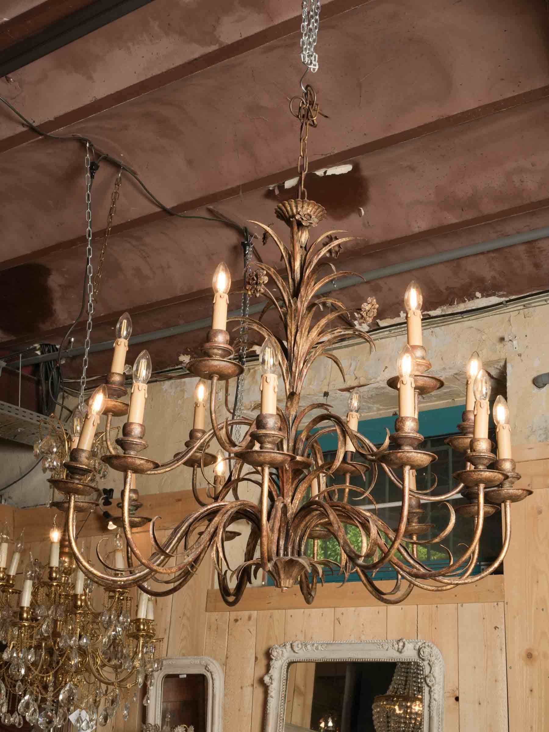 Impressive Hollywood Regency 18-Light Gilt Metal Palm Frond Chandelier, circa 1970 - 38¼" x 42¼"