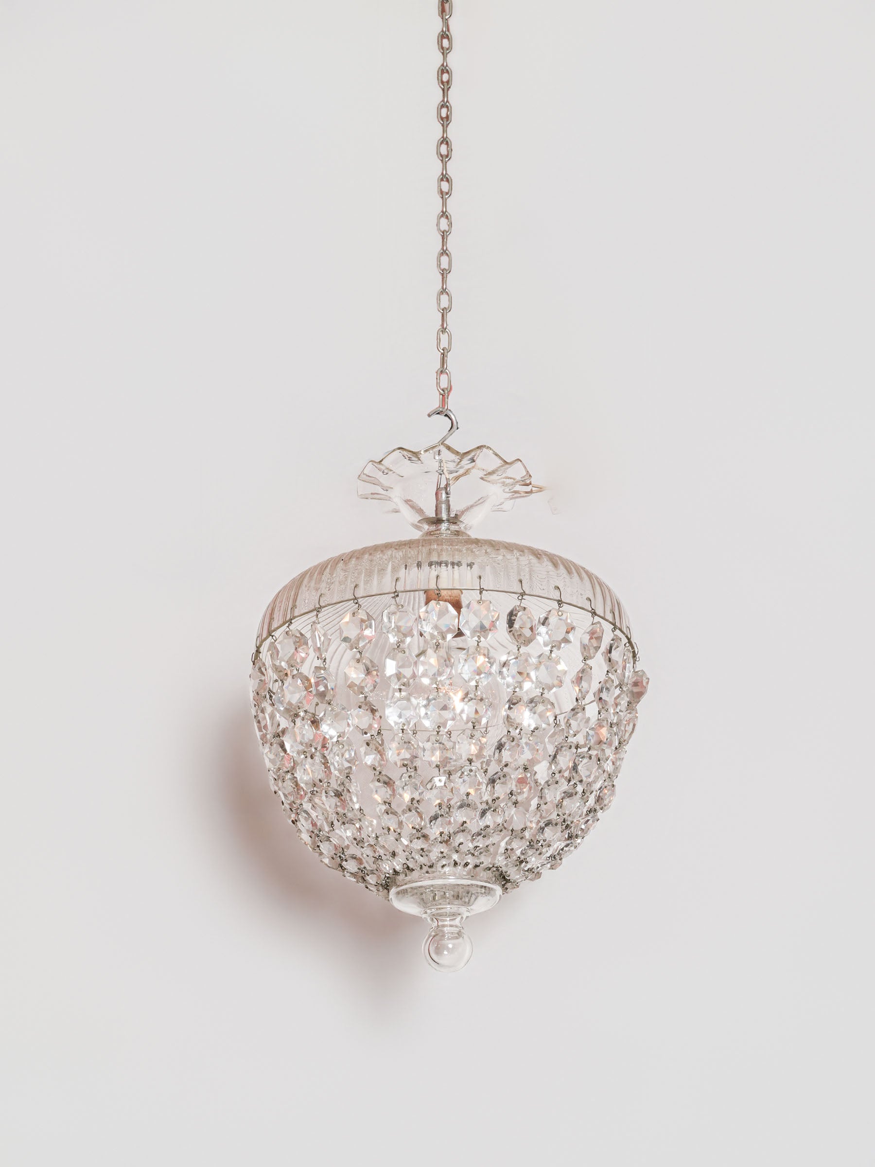 Sparkling French Basket-Form Glass Pendant, Early-Mid 20th Century – 18"