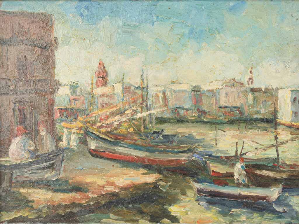 Mediterranean Port Scene Oil Painting by Victor Ferreri - 13¾" x 19"