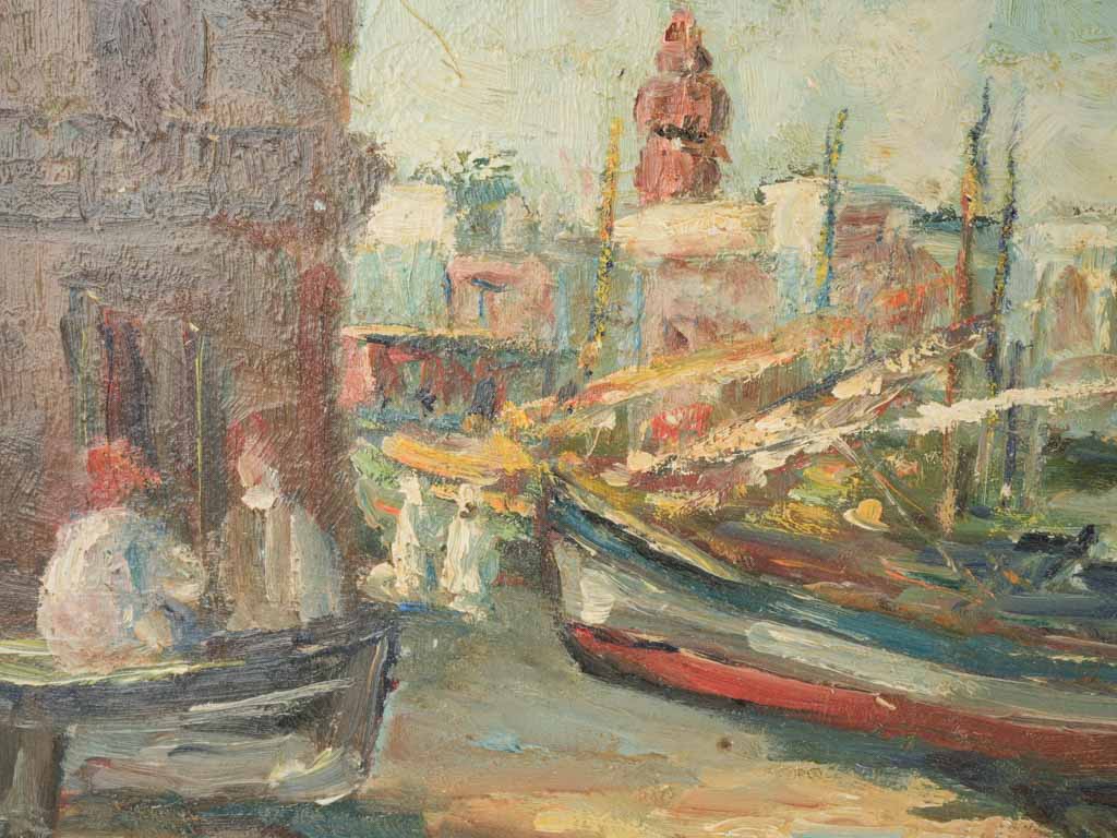 Mediterranean Port Scene Oil Painting by Victor Ferreri - 13¾" x 19"