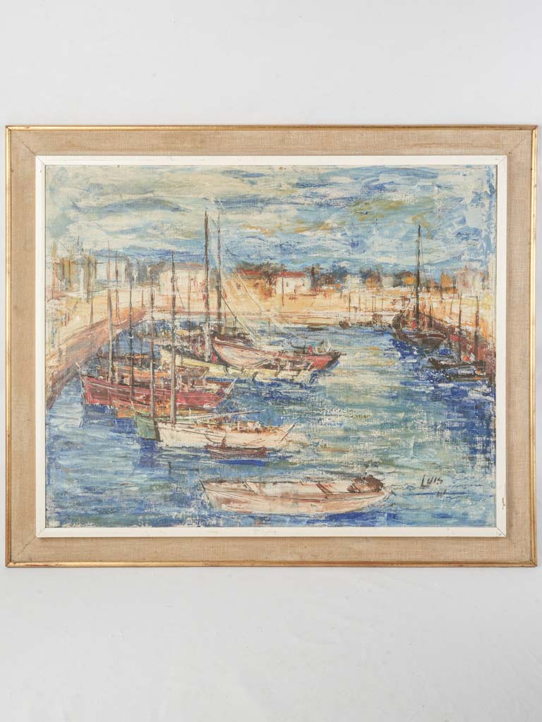 Vintage oil painting Mediterranean harbor